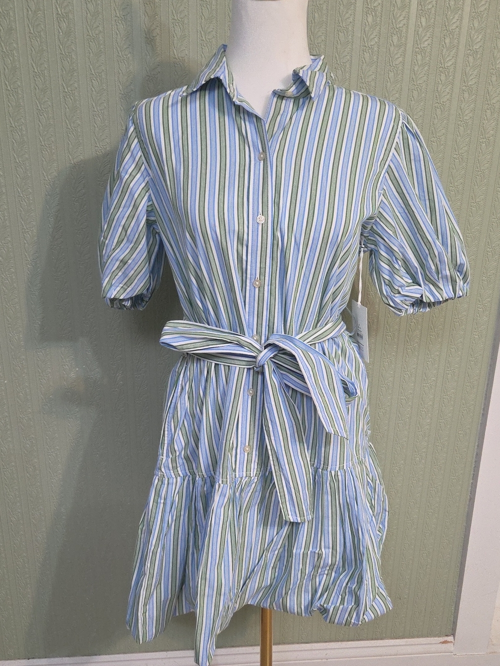 Striped Tie-Waist Shirt Dress in Blue, Green & White